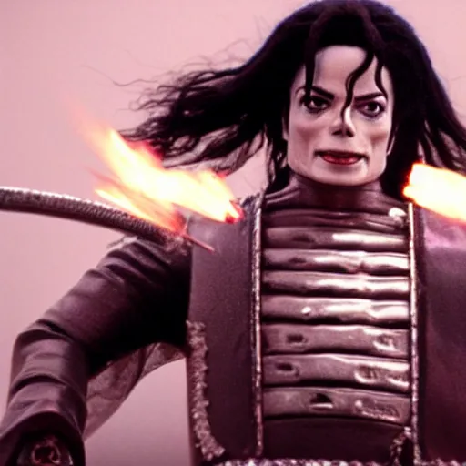 Prompt: cinematic film still of Michael Jackson starring as a Samurai holding fire, Japanese CGI, VFX, 2022, 40mm lens, shallow depth of field, film photography
