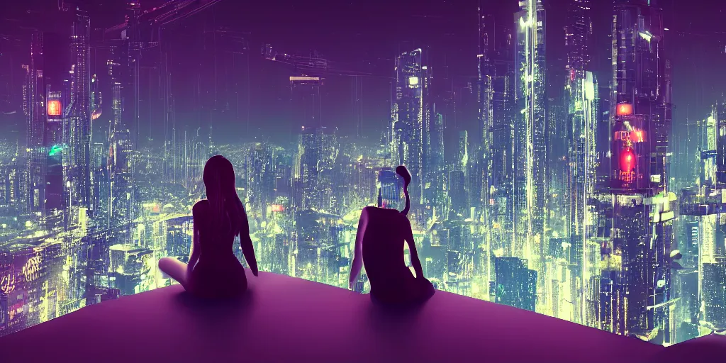 Prompt: a cinematic frame of a girl, sitting alone on the edge of a skyscraper, looking at the cyberpunk city skyline at night, lit by bright neon futuristic lights, hyperdetailed, 8 k, artstation, matte painting