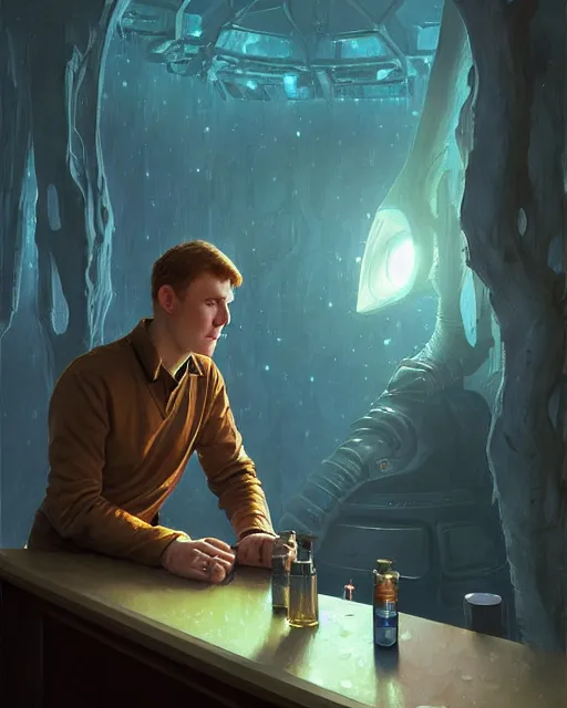 Prompt: medium - shot vislor turlough played by mark strickson at age 1 8, beautiful, at the alien space pub bar counter, highly detailed, mood lighting, artstation, highly detailed digital painting, smooth, global illumination, fantasy art by greg rutkowsky, karl spitzweg, leyendecker