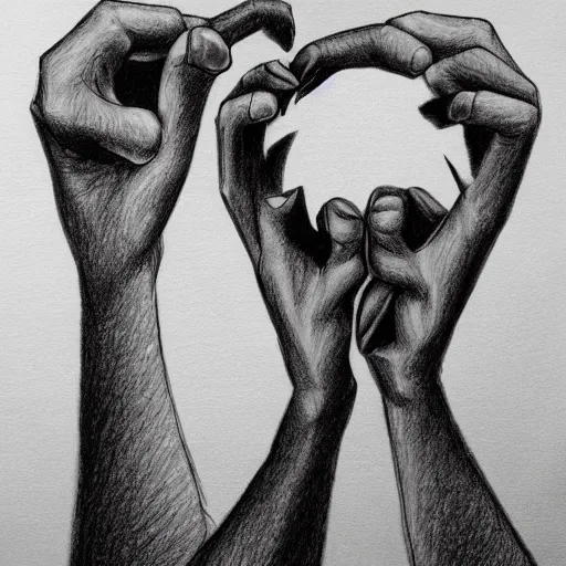 Prompt: a drawing of two hands ripping a broken heart, sadness, dark ambiance, an album cover by Godfrey Blow, featured on deviantart, lyco art, artwork, photoillustration, poster art