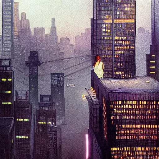 Image similar to “ a girl on a ledge overlooking futuristic new york city, ghostpunk, heavy rain, high detail, by moebius ”