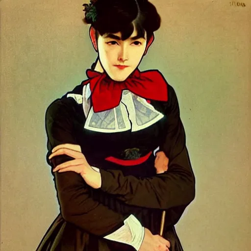 Prompt: full body painting of grumpy handsome thin beautiful young man in his 2 0 s named min - jun in a french female maid outfit and crossing his arms, modern clothing, elegant, clear, painting, stylized, sharp facial features, pouty, highly detailed, art, art by alphonse mucha