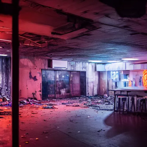 Image similar to photograph of the inside of a rundown hidden club filled with people on a busy night, closeup, brutalist design, cyberpunk, sigma 85mm f/1.4, 4k, depth of field, high resolution, 4k, 8k, hd, full color