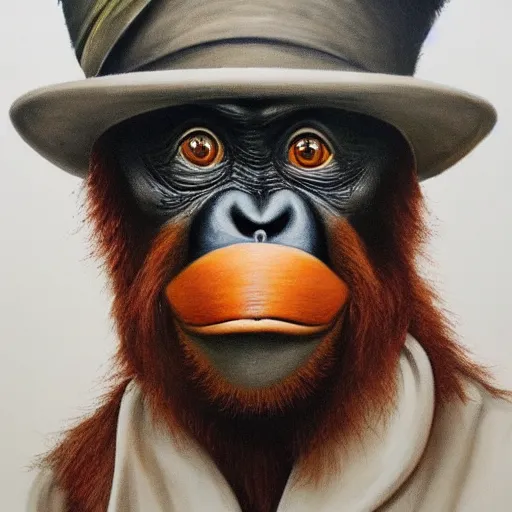 Image similar to portrait painting of an anthropomorphized orangutan, wearing a monocle and a small bowler hat, oversized mustache. dark outlining style. highly detailed. trending on artstation. slightly surreal, hyper realistic. style of chuck u