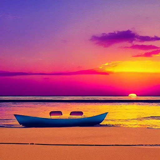 Prompt: a boat chilling on the beach, sunset, vaporwave