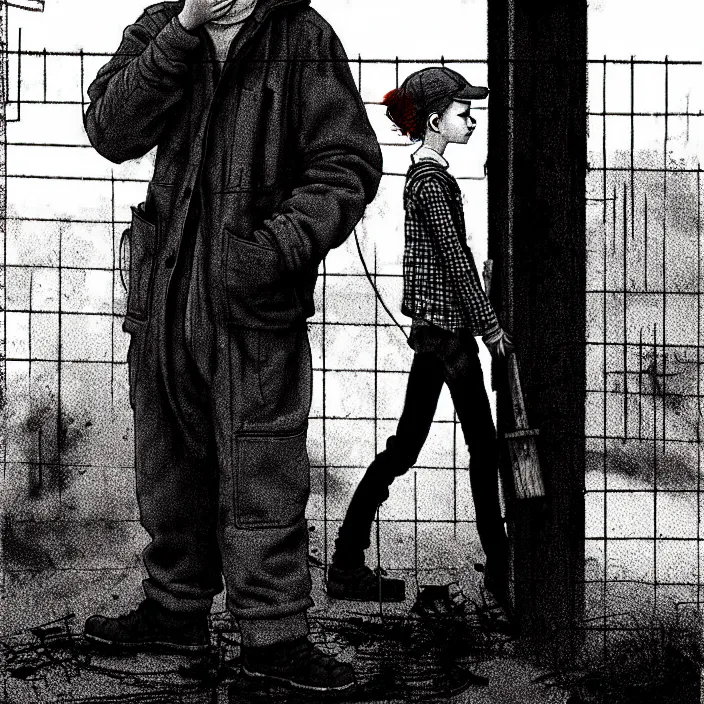 Prompt: [ sadie sink in dirty workmen clothes ] [ waves goodbye ] to workmen. near a gate. background : factory, dirty, polluted. technique : black and white pencil and ink. by gabriel hardman, joe alves, chris bonura. cinematic atmosphere, detailed and intricate, perfect anatomy