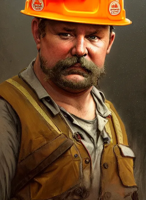 Prompt: a russian railroad electrician!!!, male!!, wearing orange vest!! hard hat, harness, siberian forest!!, portrait, dirty, fat, ugly, intricate, elegant, highly detailed, digital painting, artstation, concept art, wallpaper, smooth, sharp focus, illustration, art by artgerm and greg rutkowski and alphonse mucha