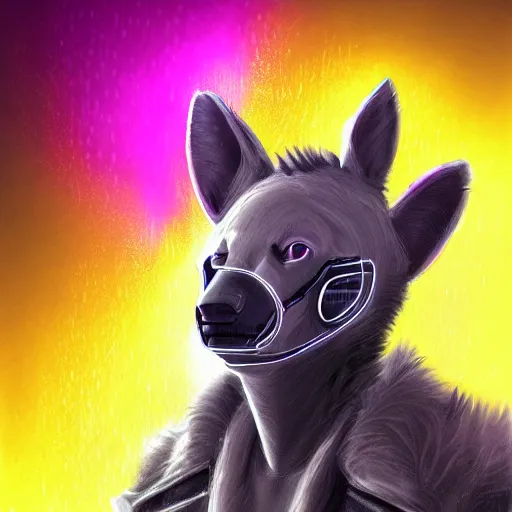 Image similar to digital painting of anthromorphic hyena female, fursona, furry fandom, neon rainy cyberpunk setting, anthro, wearing cyberpunk leather jacket, detailed face,