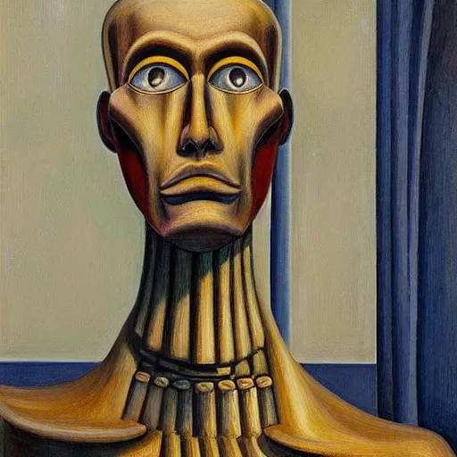 Image similar to tall, gaunt, imposing robot with intense eyes portrait, grant wood, pj crook, edward hopper, oil on canvas