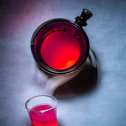 Image similar to a studio photo of a red health potion in a beautiful looking flask, dramatic lighting