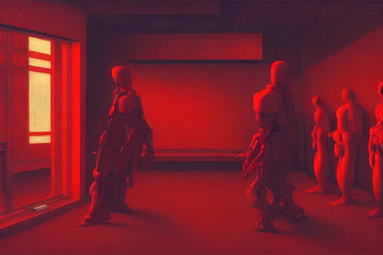 Image similar to only with red, a red cyborg samurai, tokio futuristic in background, some evil yokai, in the style of beksinski, parts by edward hopper, parts by rodcenko, parts by yue minjun, intricate and epic composition, red by caravaggio, insanely quality, highly detailed, masterpiece, red light, artstation, 4 k