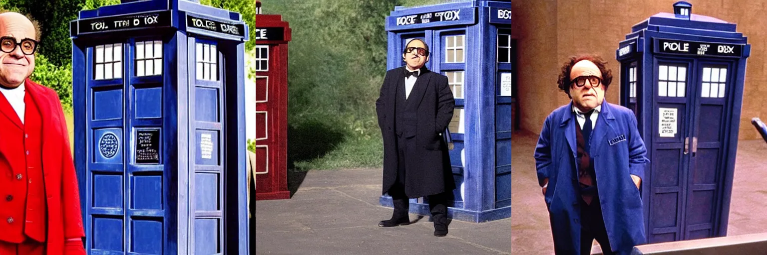 Prompt: <movie still cohesive>((danny devito)) as ((doctor who)) stands next to the tardis</movie>