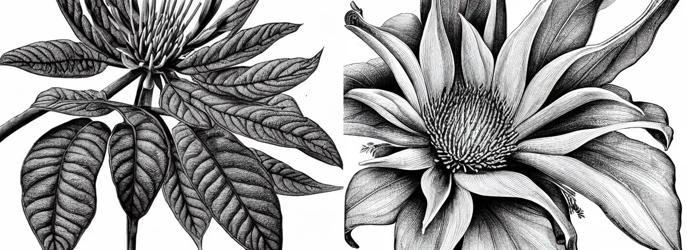 Prompt: detailed black and white botanical illustration, stella alpina flower