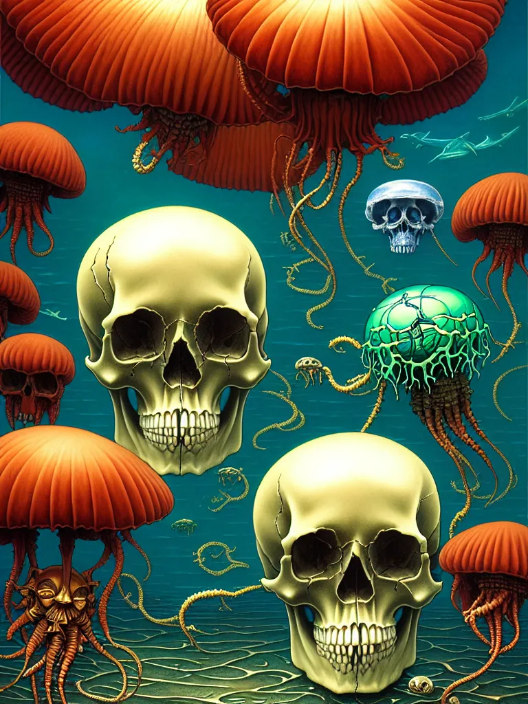 Prompt: a single skull in the sea by dan mumford and vladimir kush and donato giancola and ted withers and peter driben and william - adolphe bouguereau and roberto ferri, glowing red skull, blue jellyfish, green water, highly detailed, high contrast, intricate details, blended palette