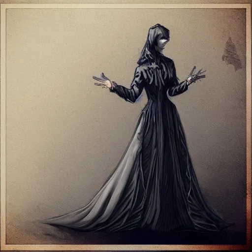 Image similar to “concept art of ghost woman in Victorian gown on haunted train, trending on artstation”