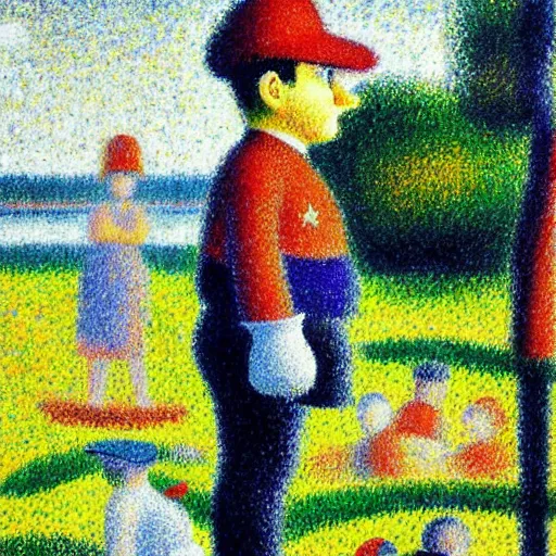 Prompt: Mario standing by the river painting by Georges Seurat, pointillism