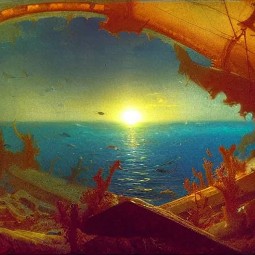 Prompt: sunset from inside underwater air bubble containing a sunken ship, many brightly colored fish and coral, leviathan, albert bierstadt, illustration