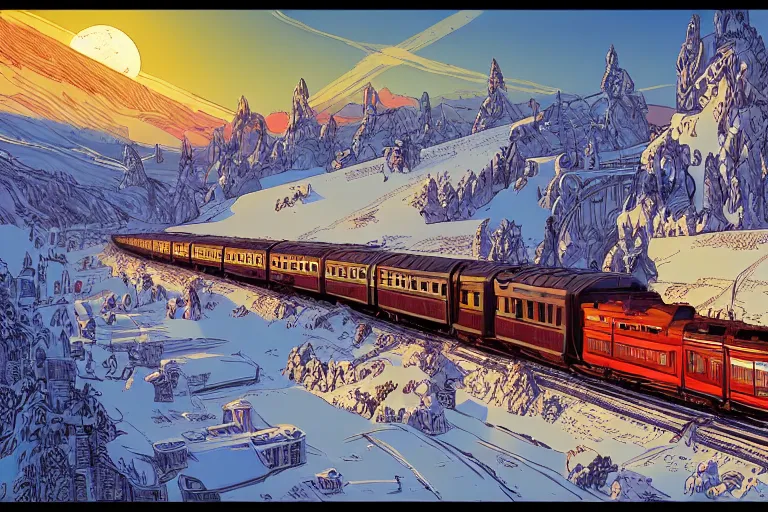 Image similar to trans - siberian express train illustration by joe fenton and syd mead and p. craig russell and barry windsor - smith, artstation, 4 k, graphic novel, concept art, matte painting, beautiful russian winter landscape sunset background, golden hour, art nouveau