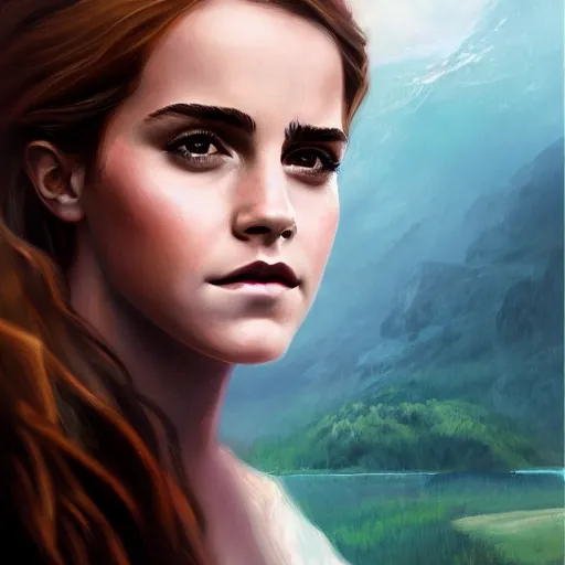 Image similar to a portrait of emma watson in a scenic environment by charlie bowater