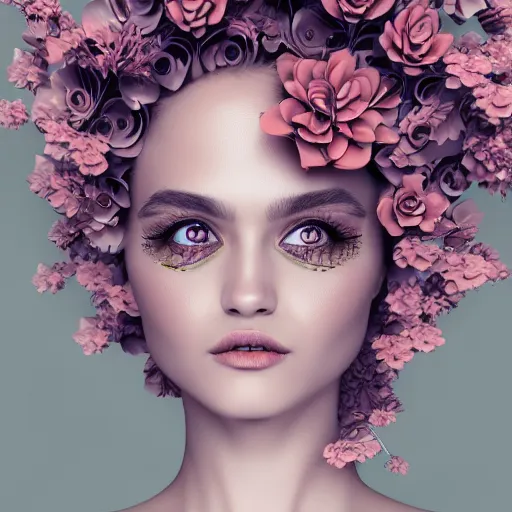 Image similar to beautiful blonde lady in a 3D flower dress , hyperrealistic, ultra detailed, octane render, symmetric, 3d, majestic, dark fantasy, intricate