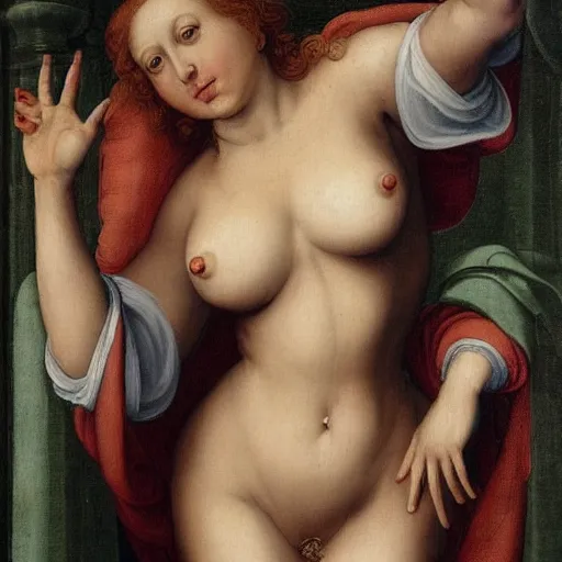 Prompt: Christina Hendricks body strip renaissance art by Raphael, realistic detailed,