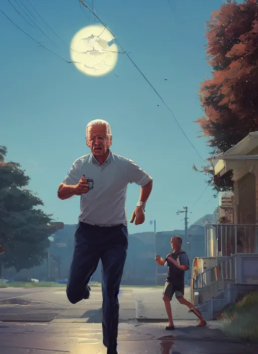 Image similar to highly detailed image of joe biden running to an ice cream truck, in gta v, stephen bliss, unreal engine, fantasy art by greg rutkowski, loish, rhads, ferdinand knab, makoto shinkai and lois van baarle, ilya kuvshinov, rossdraws, tom bagshaw, global illumination, radiant light, detailed and intricate environment