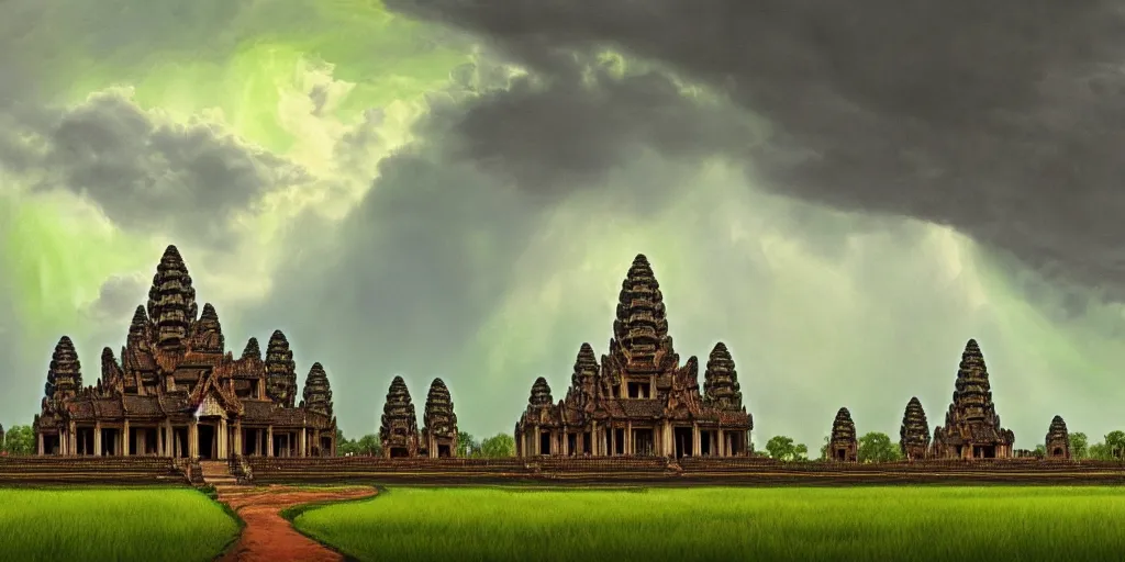 Prompt: Enormous thunderstorm over a fantastical green field with an ornate Khmer temple in the center, tonalism style, trending on Artstation, 8k, 4k, high-res, digital art