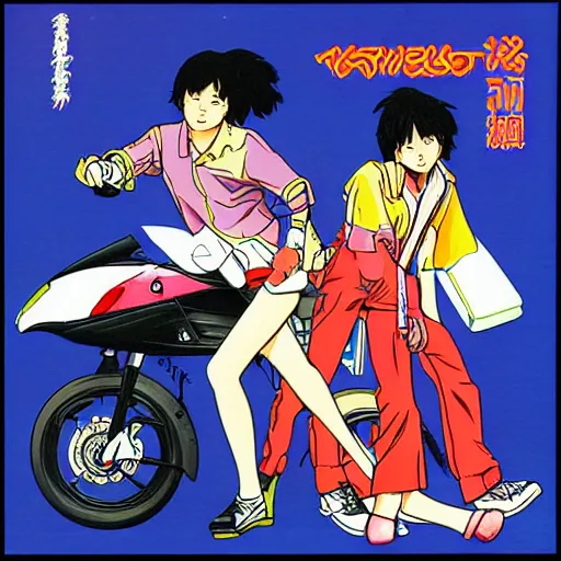 Image similar to album - cover of a 1 9 8 0 s japanese city - pop record featuring an anime illustration by akira toriyama. cute stylish woman ; sports car ; neon ; urban summer drive.
