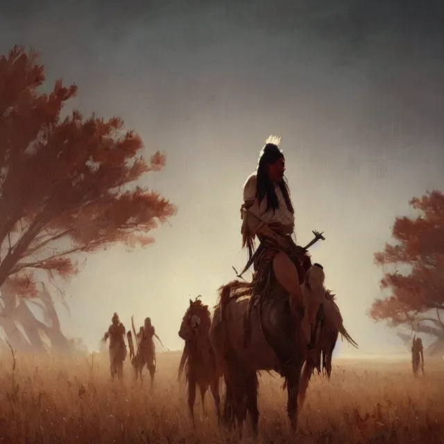 Prompt: a painting of native americans in the plains by greg rutkowski, dark fantasy art, high detail, trending on artstation