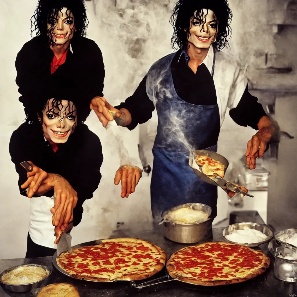 Image similar to award winning photo of michael jackson baking pizza from children, vivid colors, happy, symmetrical face, beautiful eyes, studio lighting, wide shot art by Sally Mann & Arnold Newman