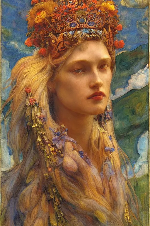 Image similar to queen of summer by Annie Swynnerton and Nicholas Roerich, strong dramatic cinematic lighting , ornate headdress , flowing robes, lost civilizations, smooth, sharp focus, extremely detailed