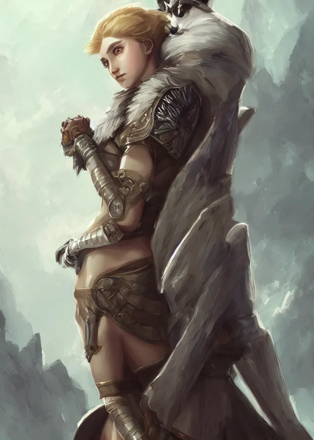 Prompt: a noble knight women with her spirit raccoon resting on her shoulders, by artgerm, charlie bowater, inspired by dragon age inquisition featured on artstation