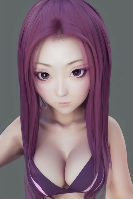 Prompt: photorealistic 3 d render of of an impossibly curvy anime girl featured on pixiv, booru, exaggerated proportions, high resolution digital art, 4 k, beautiful symmetric face, subsurface scattering, volumetric lighting, realistic skin texture