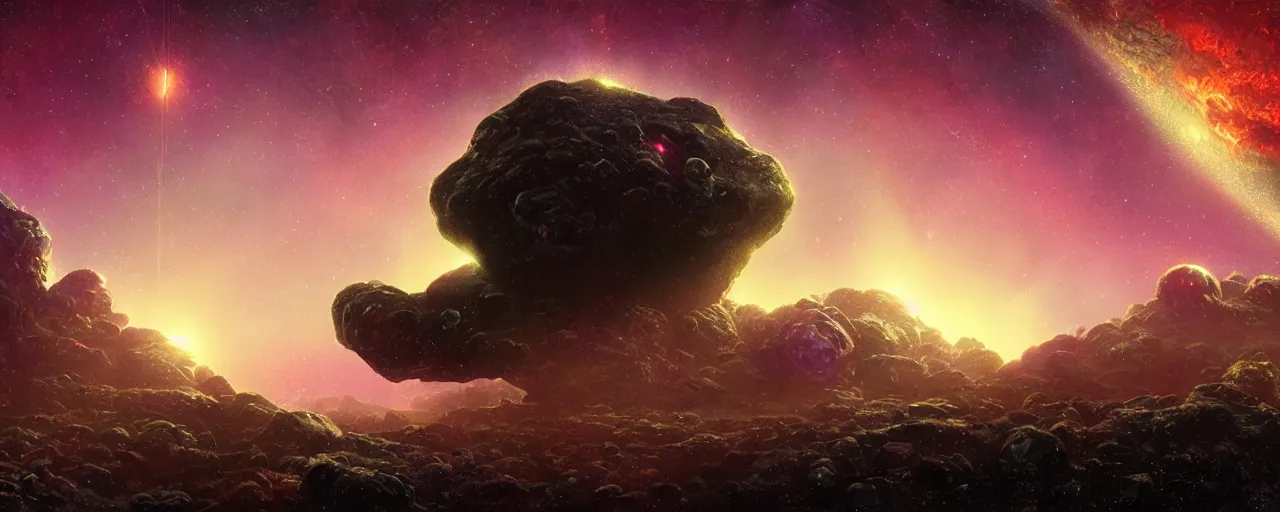 Prompt: ” small rock asteroid, [ black starry space, cinematic, detailed, epic, widescreen, opening, establishing, mattepainting, photorealistic, realistic textures, octane render, art by paul lehr ] ”