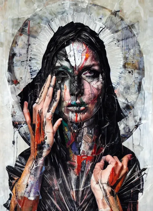 Image similar to cult magic psychic woman, subjective consciousness psychedelic, epic surrealism expressionism symbolism story iconic, dark robed witch, oil painting, robe, symmetrical face, greek dark myth, by Sandra Chevrier, Nicola Samori masterpiece