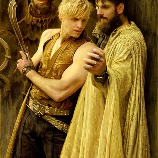 Image similar to stunning arthur pendragon in love with stunning male merlin the mage. they are close to each other. highly detailed painting by gaston bussiere, craig mullins, j. c. leyendecker