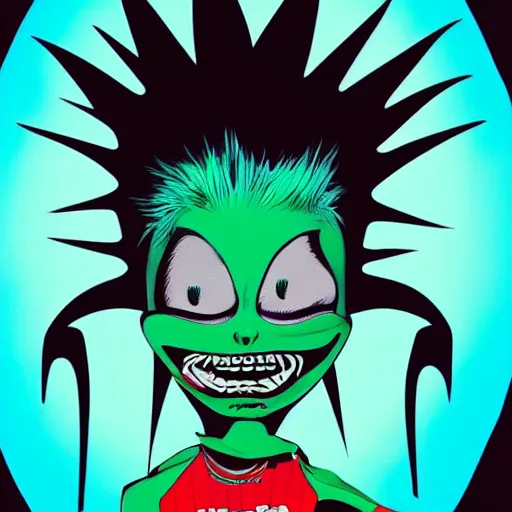 Prompt: a Turquoise punk rock rapper alien with black spiked hair, an airbrush painting by Jamie Hewlett, cgsociety, symbolism, antichrist, aesthetic, 8k