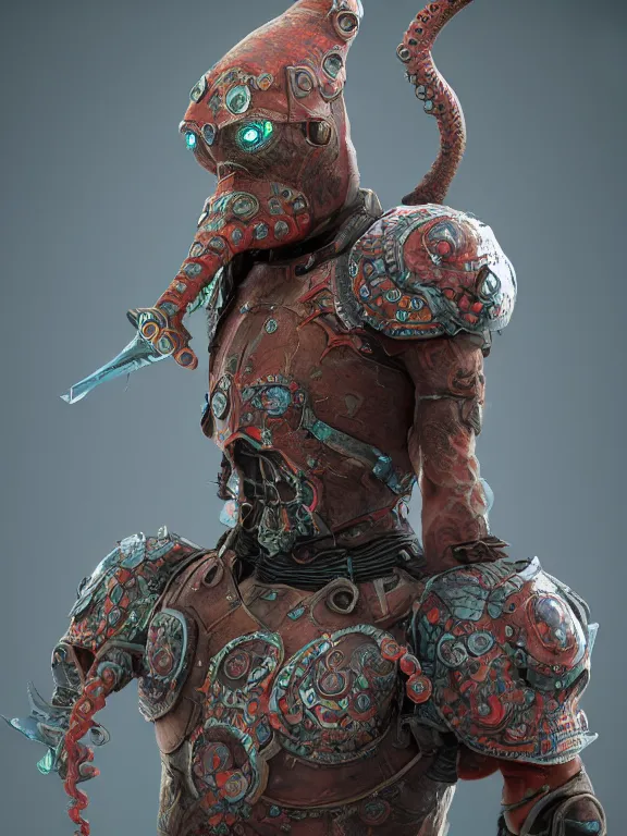 Image similar to full body frontview portrait of warrior wearing octopus armour, character, designed in blender, 4 k hd, octane render, intricate and highly detailed, coloured with lots of colour, cinematic, posing,