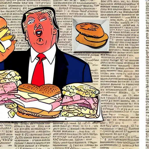Image similar to donald trump eating a sandwich made with a picture of hilary clinton. he's reading a book of poetry written by a terrorist.