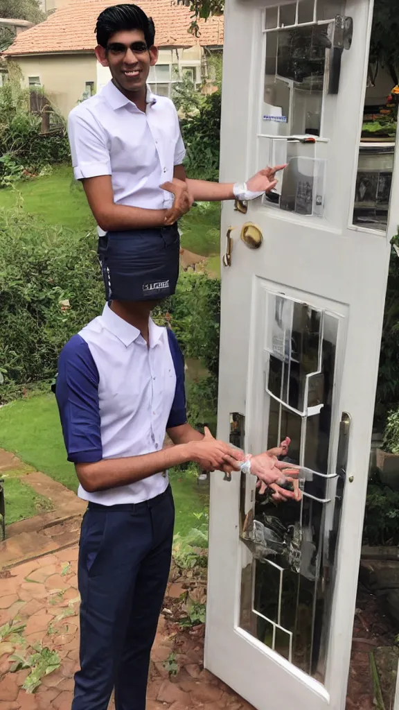 Prompt: rishi sunak as a slimy door to door salesman