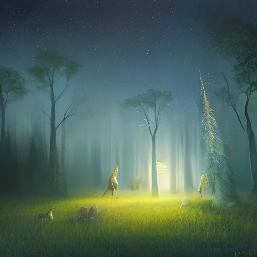 Prompt: forest at night with floating lights by Jessica Rossier