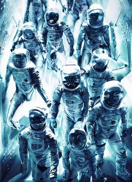 Image similar to astronauts in dark and empty void underwater poster - complex and hyperdetailed technical suit. reflection and dispersion materials. rays and dispersion of light. volumetric light. 5 0 mm, f / 3 2. noise film photo. flash photography. ultra realistic, wide angle. poster by wayne barlowe, hajime sorayama aaron horkey, craig mullins