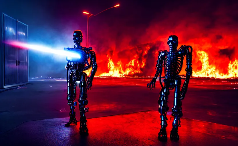 Prompt: ( high detailed terminator without flesh ), staying in front of burning data center room, heavy fire on the background, extreme long shot, high detail, cold neon light, cinematic colors, sharp