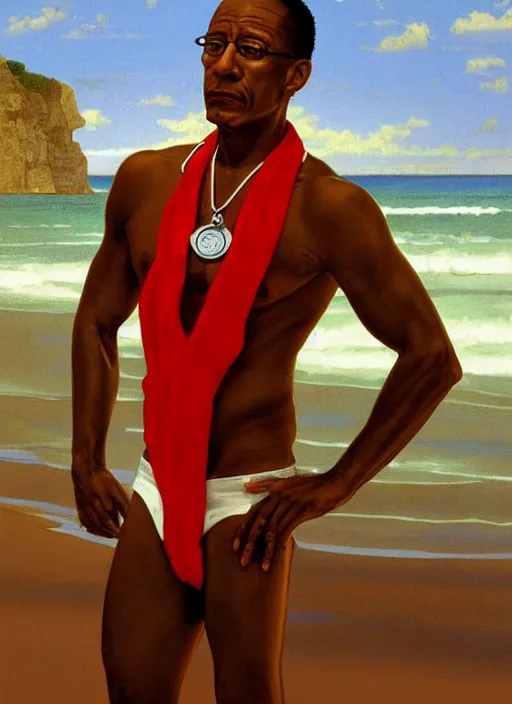 Image similar to portrait Gus Fring as sea lifeguard on the beach, full length shot, shining, 8k highly detailed, sharp focus, illustration, art by artgerm, mucha, bouguereau