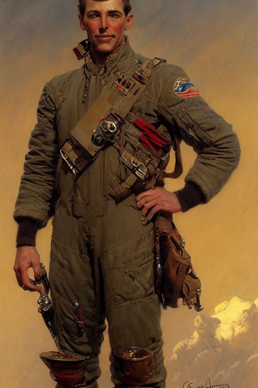 Image similar to full body portrait of a bomber pilot, highly detailed painting by gaston bussiere, craig mullins, j. c. leyendecker 8 k