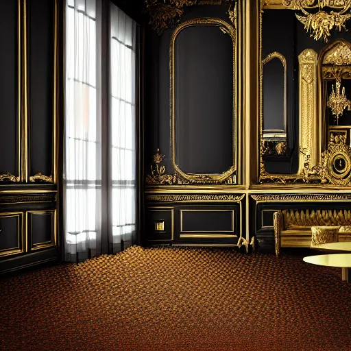 Prompt: parisian interior, dark walls, gold accents, interior design, thick carpet, hyperrealistic, hyperdetailed, super detailed, uhd, uhd, 8 k, high resolution,