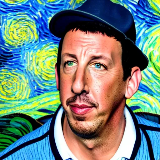 Image similar to adam sandler in a van gogh painting, 4 k, hyper realistic, dslr, high resolution, landscape, beautiful