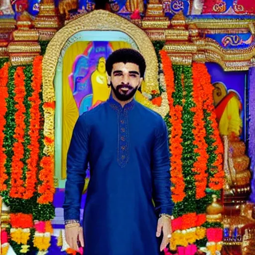 Prompt: photograph of drake the rapper, wearing a kurta, standing in a hindu kovil, drake the rapper's face