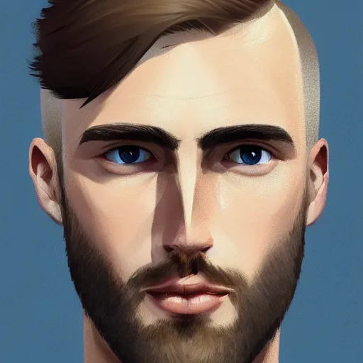 Image similar to tall chunky man in his twenties with brown blond short regular haircut and round facial structure with cleft chin, straight eyebrows, big grey blue eyes, very happy, slightly set back jaw, cheekbones, straight nose, wider face, very slight shadow of beard, atmospheric lighting, painted, intricate, 4 k, highly detailed by charlie bowater