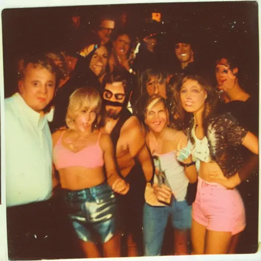 Image similar to a polaroid photo of an 8 0 s party after dark